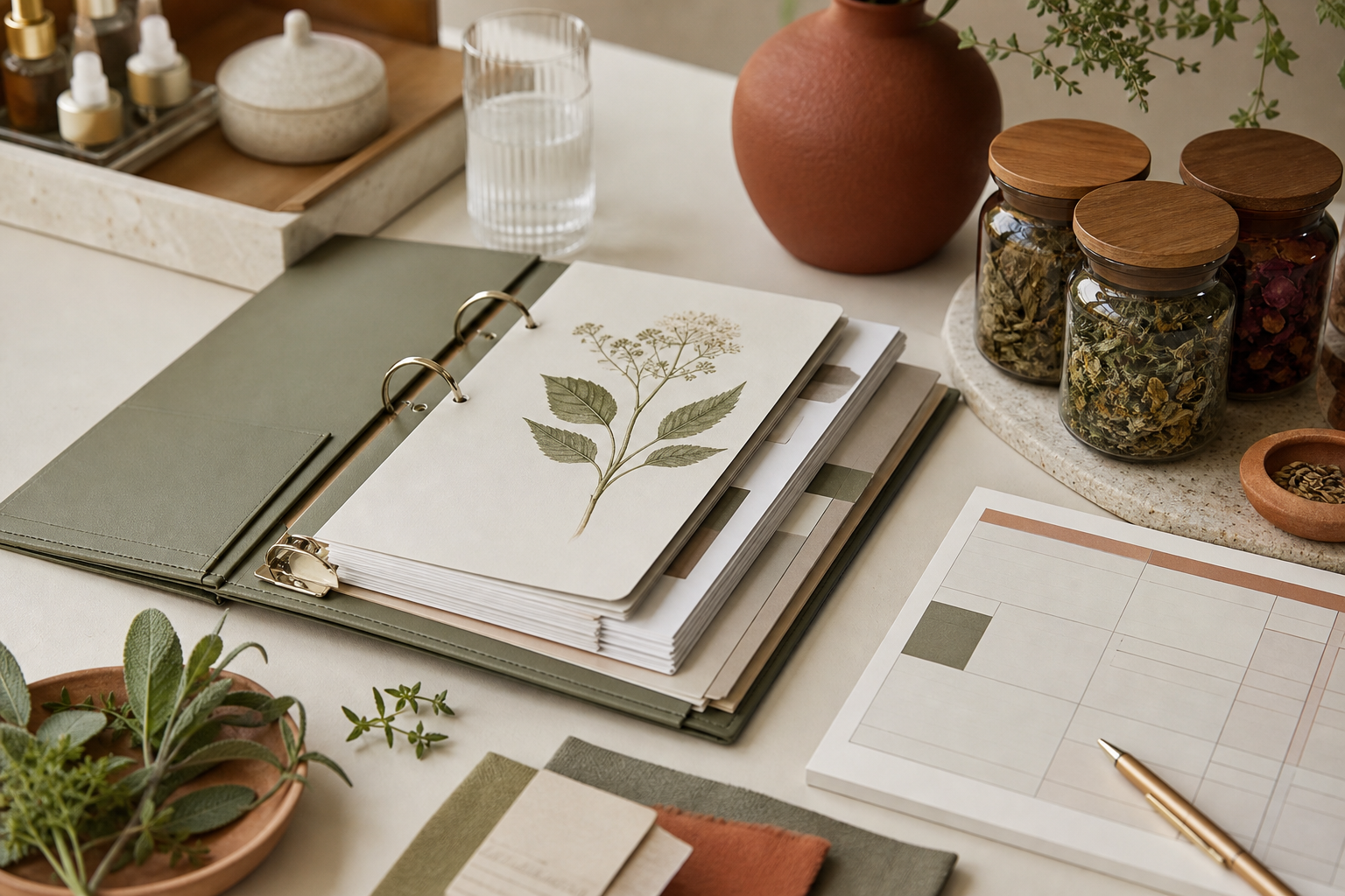 Private consultation desk with herbal tea