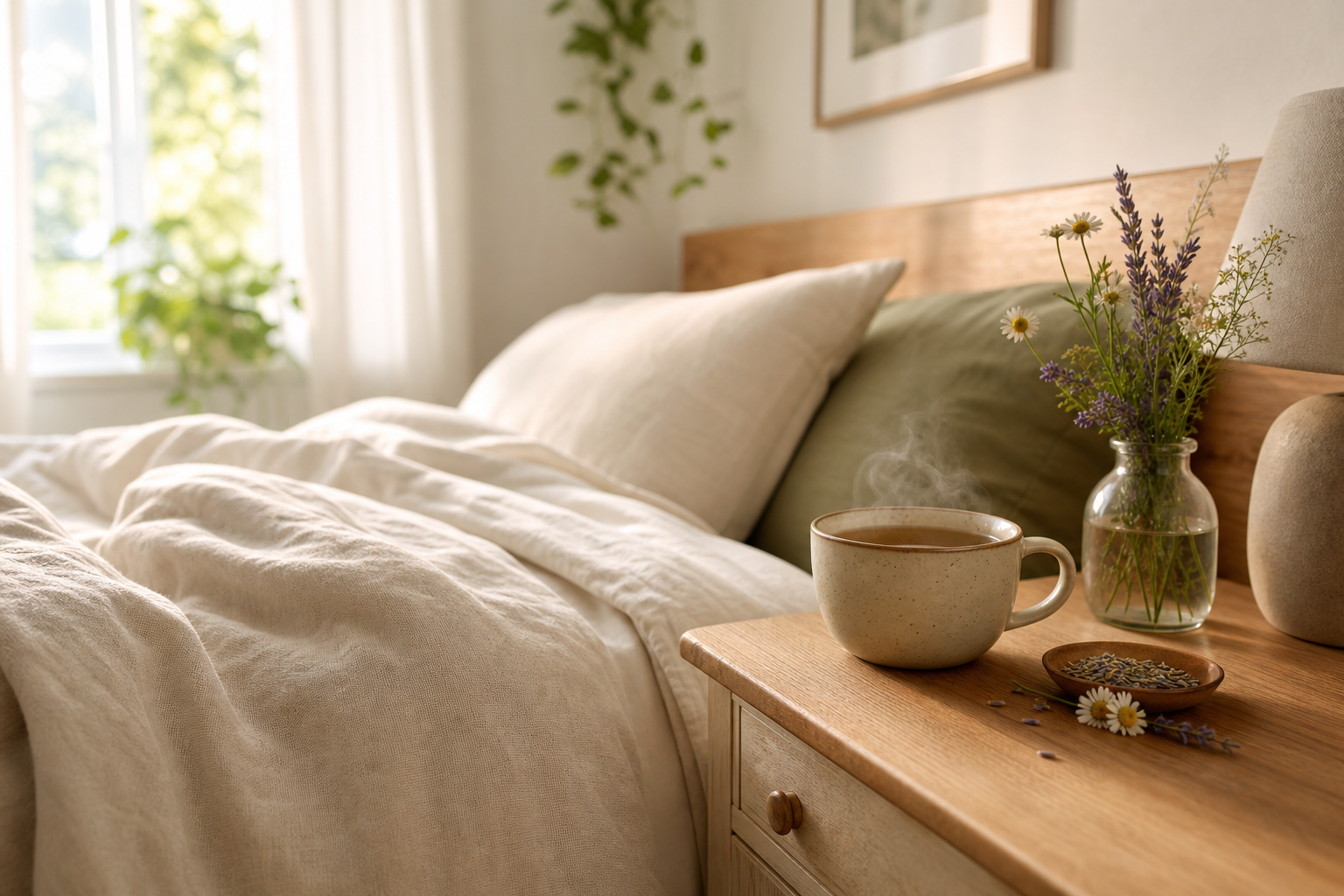 Peaceful bedroom with herbal tea